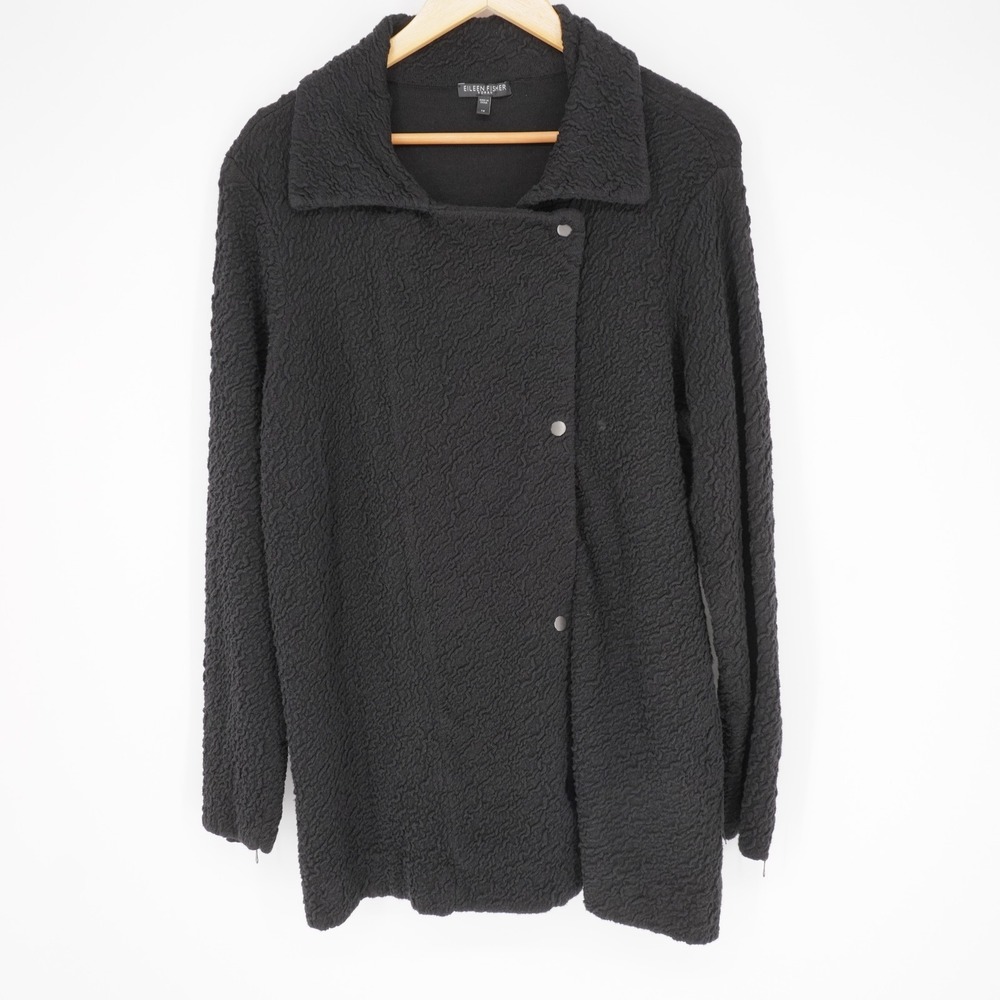Eileen Fisher Coat Womens 1X Gray Textured Fleece Snap Front Zipper Cuff Pockets